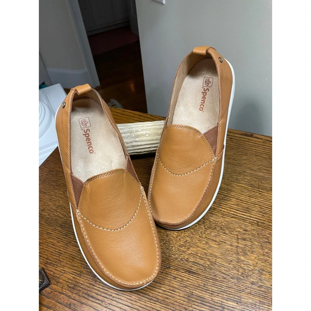 Spenco Mens Siesta Leather Slip On Loafers Tan Brown Orthotic Shoes Size 10 D **